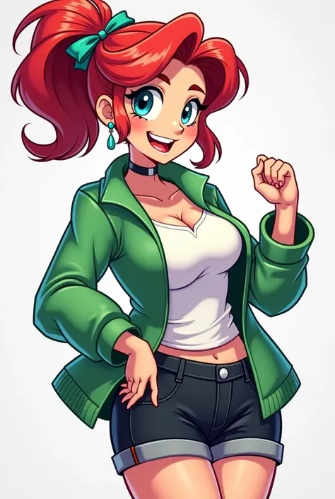 Frankie Foster. A beautiful red headed woman with a green jacket, blue eyes, red hair, an hourglass figure,Short Hair, Large breasts, Earrings, Smile, Blush, embarassed, Hair Clip, Quality, a green jacket, white shirt, black short, thick thighs anda slim w...