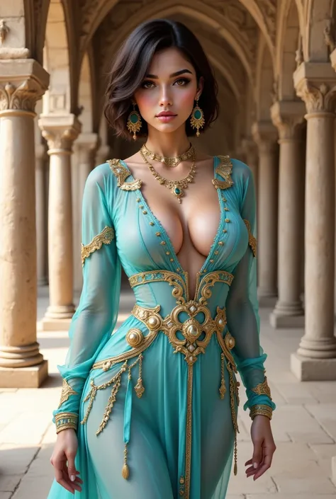 This is a highly detailed, photorealistic CGI rendering depicting a young woman standing confidently in a grand, arched stone corridor. The woman, who appears to be of mixed ethnicity, has fair skin, dark brown hair styled in a short bob, and striking, alm...