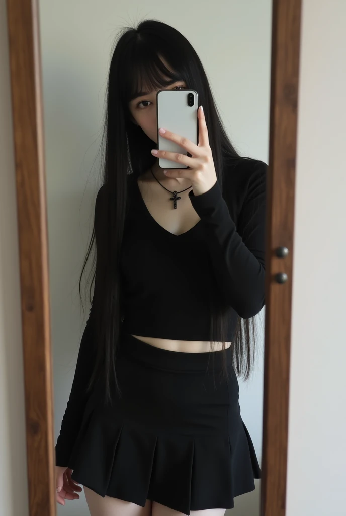 A woman with long hair straight black with bangs up to the eyebrows, Very white skin color,  taking a picture in front of the ordinary mirror with the cell phone in front of the face, The outfit is a short black bonded skirt and a black top, with a dark st...