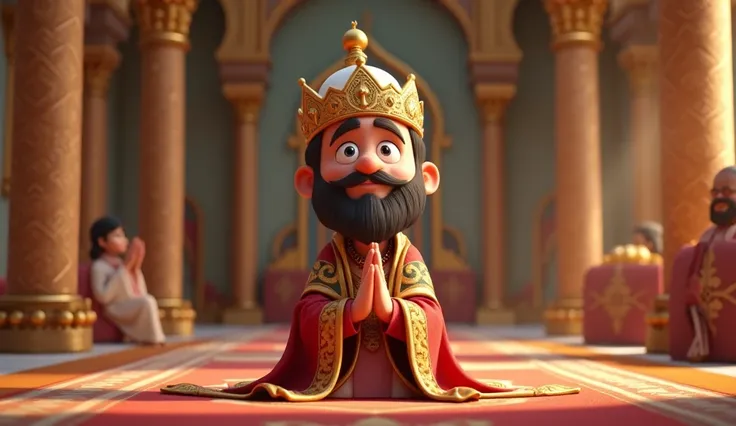 A Cortoony. 3D Animated.  The Muslim king praying in his palace