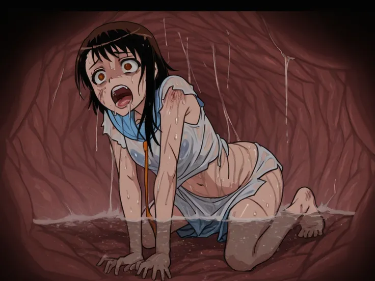 1girl, solo, (kosaki onodera, school uniform),, obra maestra, mejor calidad, alta resolución, 8k,, inside a stomach, stomach interior, scared face, full body shot, wet, (wet skin:1.4) (dripping water off clothes and skin:1.4), wide open mouth, screaming, b...