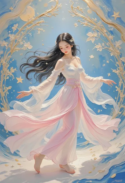 ultra detailed, absolutely resolution, masterpiece. 
a beautiful woman dancing in a light pink Hanfu. 
wonderland worldview. 
fusion of watercolor, acrylic and collage, conceptual installation art