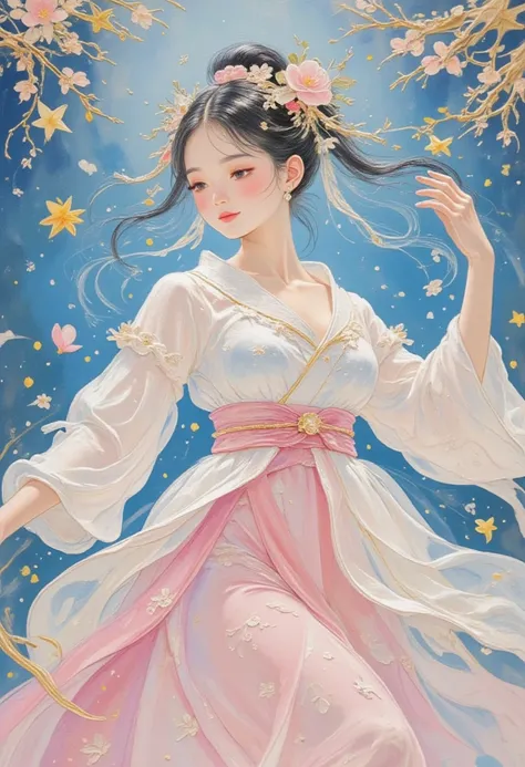 ultra detailed, absolutely resolution, masterpiece. 
a beautiful woman dancing in a light pink Hanfu. 
wonderland worldview. 
fusion of watercolor, acrylic and collage, conceptual installation art