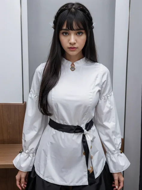 best quality, (photorealistic:1.2), 1girl, solo, detailed face, face focus, standing, black hair,(hair ornament:1.35),office lady, ribbon-trimmed sleeves, detached sleeves, ribbon trim, wide sleeves, (looking at viewer:1.5) long hair, black eyes, bangs, li...