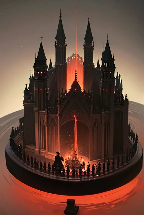 An image with a shallow water plain with pegs coming out of it and with a cathedral-like castle, totally black and opaque in the middle, a clear sky with a red color with shades of black, and above the castle a strong red light in the air.