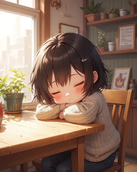 An adorable chibi girl in a sweater, appearing sleepy with her chin resting on the table.High Resolution, Masterpiece, Anatomically Correct, Accurate, Award Winning, Best Quality, High Details, High Quality, Super Detailed, Textured Skin, UHD, Anime, Anime...