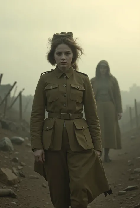 A female still from my World War 1 inspired short made using AI. Inspired by poetry from the Great War. An idea for a film in which a dying soldier takes a journey with Death across space and time.