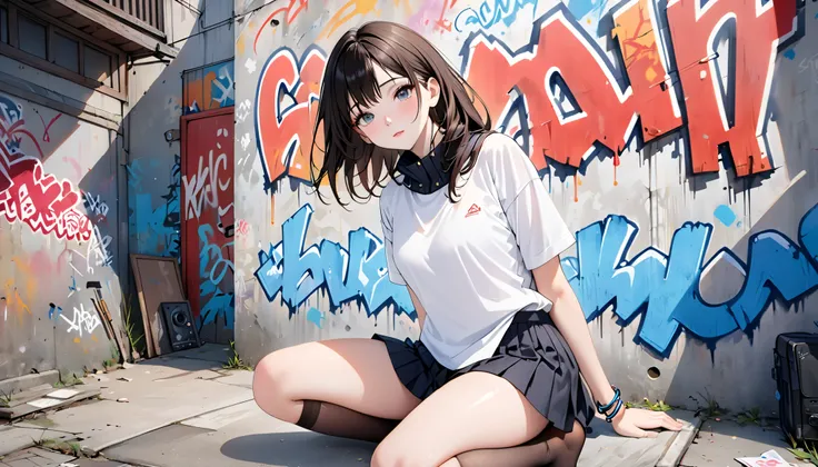 (masterpiece) 1 woman,portrait,(8k,  RAW photo,  top quality,  Ultra High Definition,  realistic ,  super high resolution), legs, Kneeling ,Missionary, camera low , camera closing , top quality,1 woman, alone, medium length hair , high collar ,(Graffiti:1....