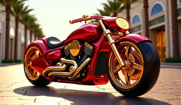 "A futuristic luxury motorcycle with a sleek red body and intricate gold-plated mechanical parts. The wheels are uniquely designed with large Bitcoin symbols, and the engine, exhaust, and handlebars have a high-end metallic finish. The motorcycle has an ag...