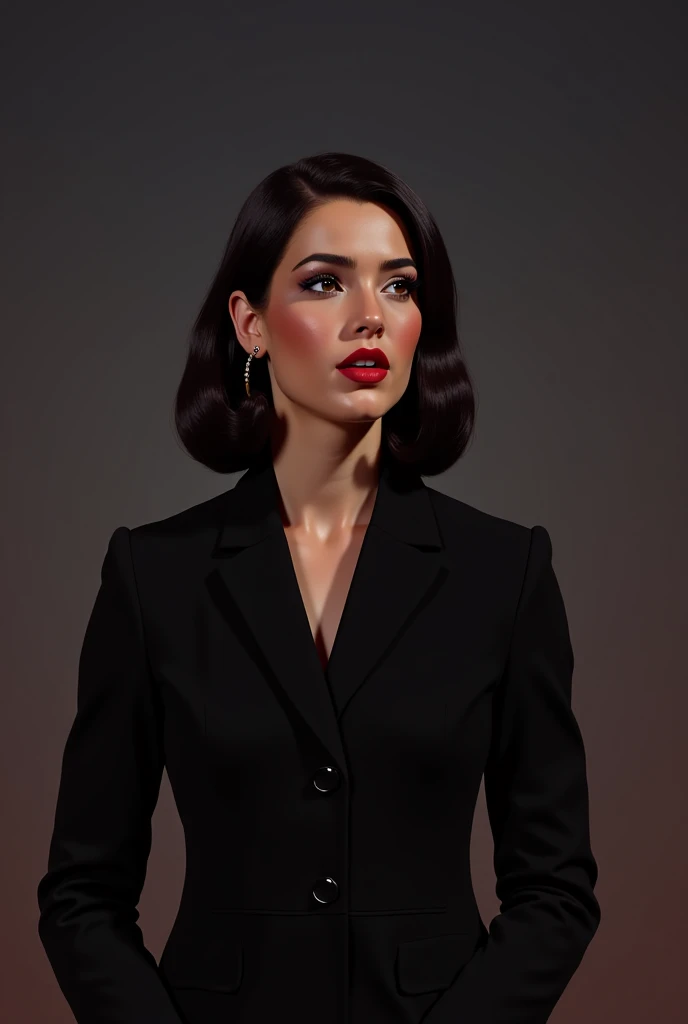 20-year-old European girl . Black Umbrella Hair.  is wearing a black suit and giving a speech