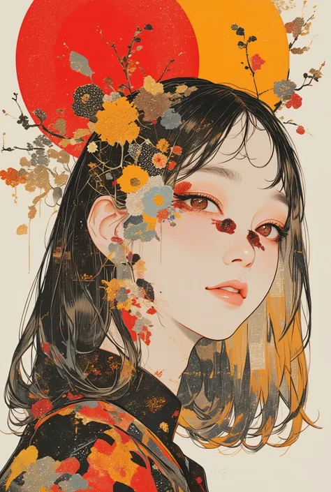  femme asiatique riant comme une folle,Rétroéclairage du soleil ,tournesol,  Peinture pop art  , pop art , ( collage ), added  détails,  gros plan, un collage artistique contemporain, graphic  détails, collage découpé,  détails,  illustration de profil , c...