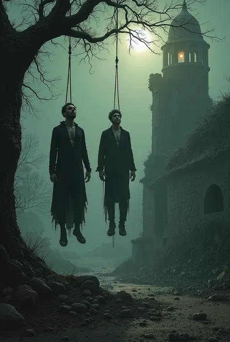 Draw two men hanging on a noose next to an old well in a scary atmosphere