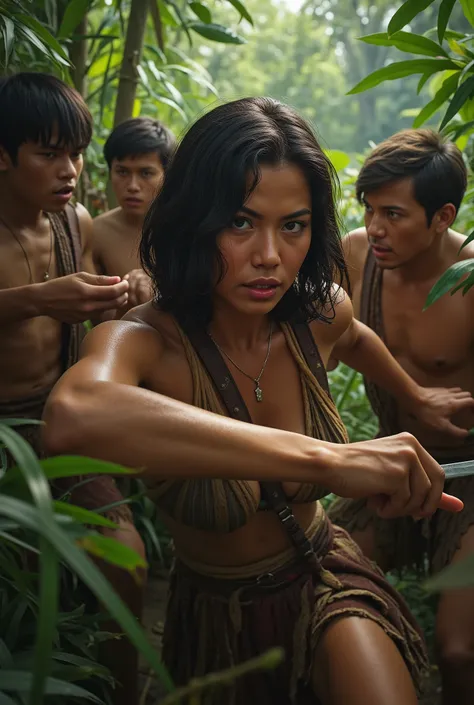 a picture、jungles、Caucasian Female Adventurer with a knife、Surrounded by many native men、Captured、Fighting、Sweaty