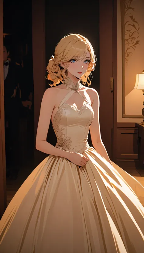 vintage movie, girl, wavy blonde hair, woman body, beautiful and elegant dress, prom, warm light, yang xiao long