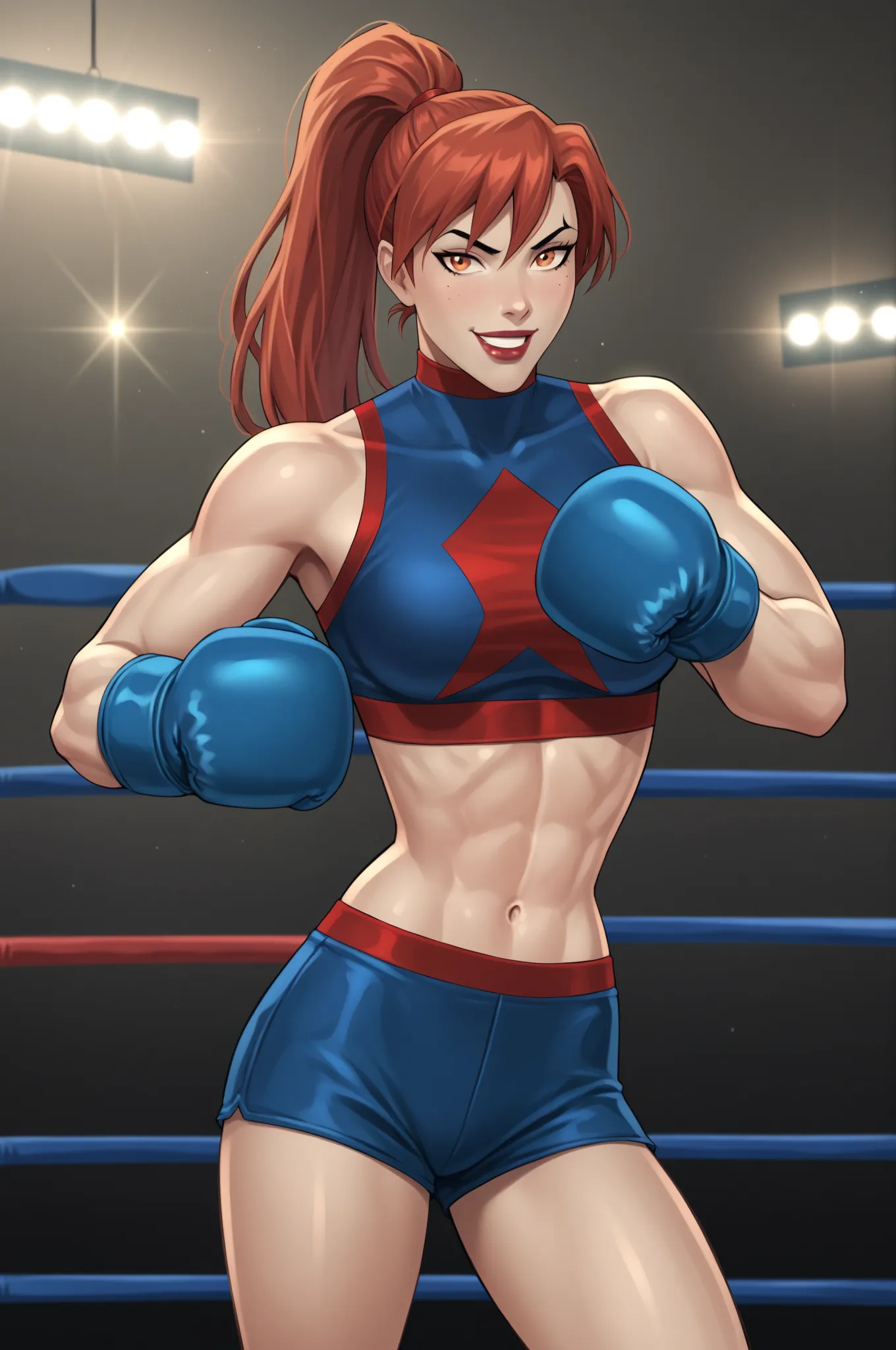 PonyXLV6_Scores BREAK (perfect anatomy, perfect eyes), BREAK mgann morzz, ponytail, red hair, colored skin, white skin, orange eyes, makeup, lipstick, flirting, raised eyebrow, ((looking at viewer)), superhero, black and blue boxing gloves, black and blue ...