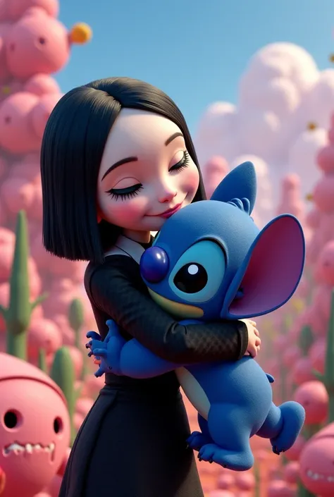 Wednesday Adams Doraemon and Stichi hugging each other against a background of puchaina