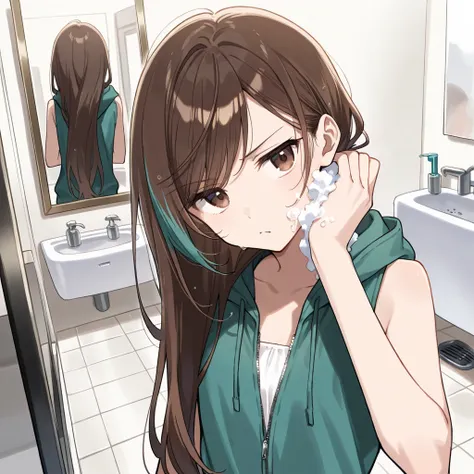  (Masterpiece, best quality), intricate details, JK,, close up, annoyed expression, brown eyes, very long brown hair with teal highlights, ((sleeveless)) unzipped teal hoodie, strapless white top, ((long swept bangs)), washing face, bathroom, mirror, dark ...