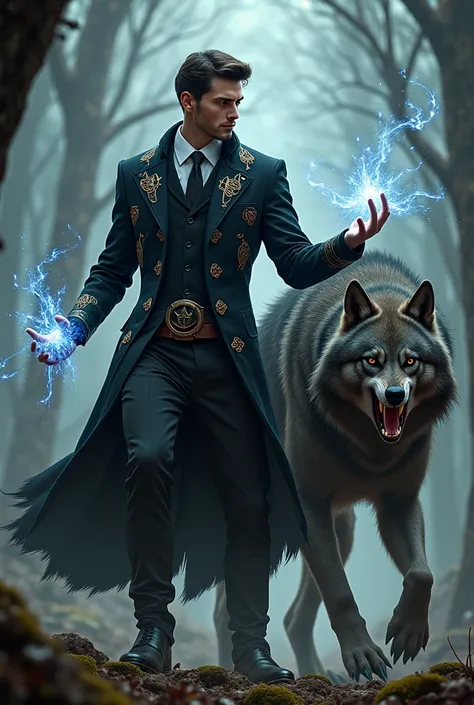  A handsome druid in a robe and a black suit with a tie at the bottom , Use magic to defeat a werewolf  