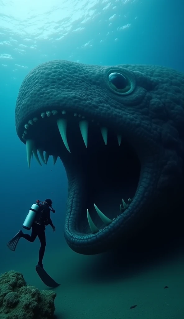 giant black creature with sharp black teeth, with a giant mouth at the bottom of the sea, there is a diver next to the creature, the photo was taken by another diver and there is a light showing part of the creature