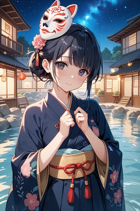 1girls,japanese idol,Alone, Stand, , front view、close-up upper body,Shy、Dark blue kimono、Floral、noh mask on the head、slender、 black hair、half updo, dark eyes、in the street of Japanese hot spring town,  starry sky, master piece