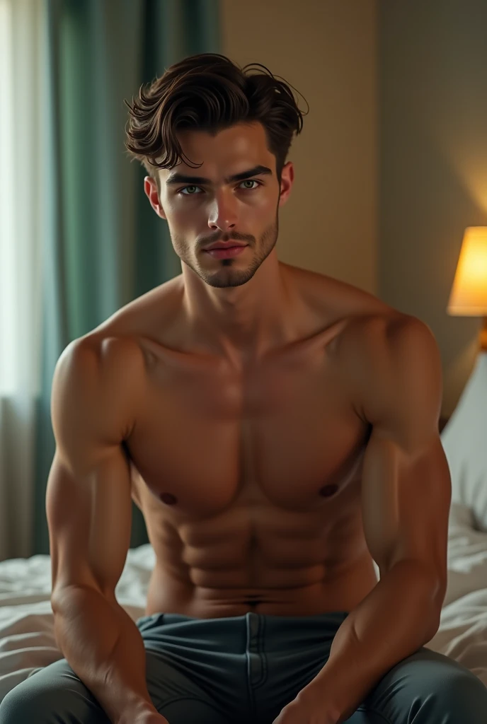 Man 25 years old,  measures 1 ,86 m . He has dark brown hair,  green eyes and is of an athletic build.  a relaxed room environment. Sitting on the edge of the bed .  

