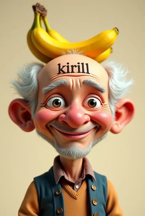 SHOW A VERY FUNNY GRANDFATHER WHO HAS IT WRITTEN ON HIS FOREHEAD "kirill" AND HE HAS 2 BANANAS ON HIS HEAD 