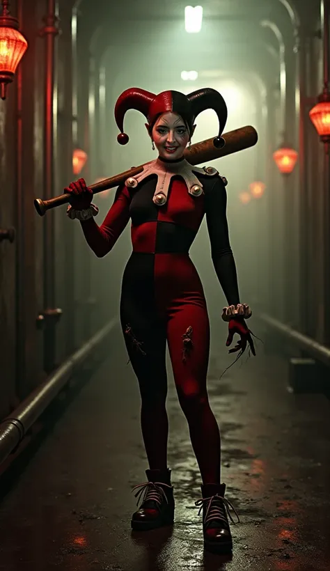 "Harley Quinn in a dark, industrial horror setting inspired by Freddy Krueger. She is wearing her classic red and black jester outfit, slightly torn, with smudged makeup that highlights her unsettling smile. Her baseball bat rests on her shoulder as she st...