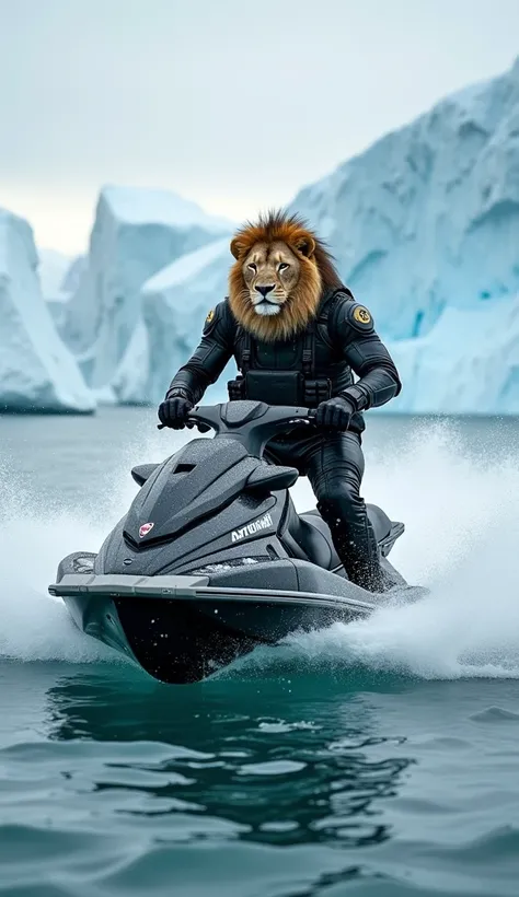 "A muscular lion, wearing a sleek black spy outfit, is riding a jet ski across the icy waters of Antarctica. The black tactical outfit includes a fitted vest, gloves, and boots, with the lion’s mane flowing dramatically in the cold, crisp air. The jet ski ...