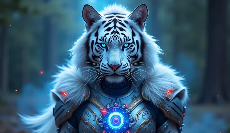 Create an anthropomorphic being with a tiger's head , a strong and powerful warrior who looks like an alien GOD from the constellation SIRIUS , A feline being that fights for honor. her armor is silver and with a red symbol on her chest her eyes are crysta...