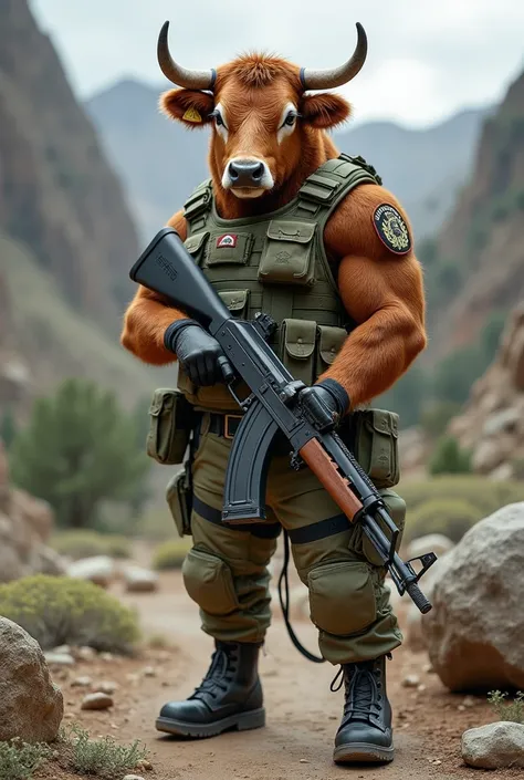 A cow in a special forces uniform holding an ak 47