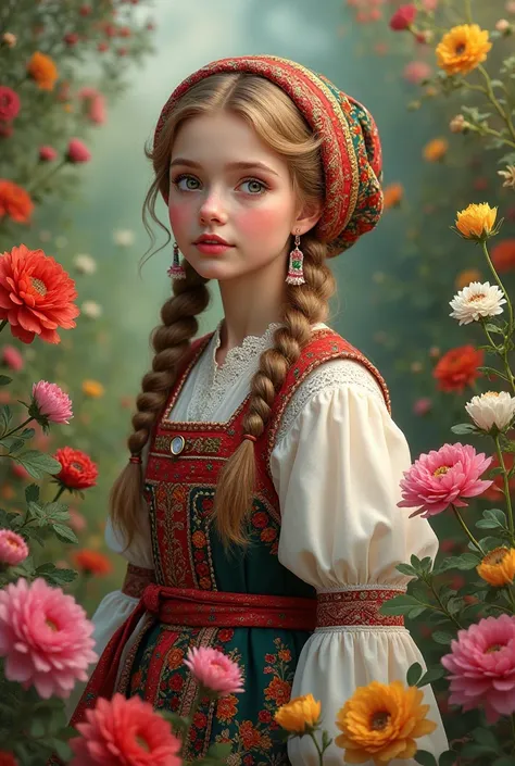 Russian girl wearing traditional clothes surrounded by flowers 