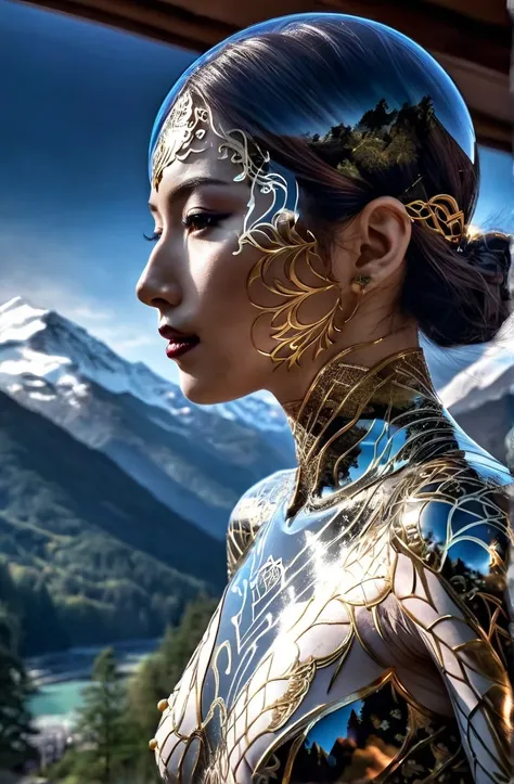 A beautiful double exposure that combines an goddess silhouette with mountains, mountains should serve as the underlying backdrop, bullet train, (masterpiece), ((ultra-detailed)), (highly detailed CG illustration), (best quality:1.2), High quality texture,...