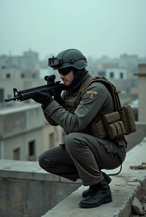 An Israeli man  , wearing modern combat uniforms typical of Israeli soldiers,Modern combat helmet typical of Israeli soldiers,Bulletproof vest typical of Israeli soldiers,M16 Weapon,Squatting pose on the edge of the rooftop,Aiming Pose for shooting with M1...