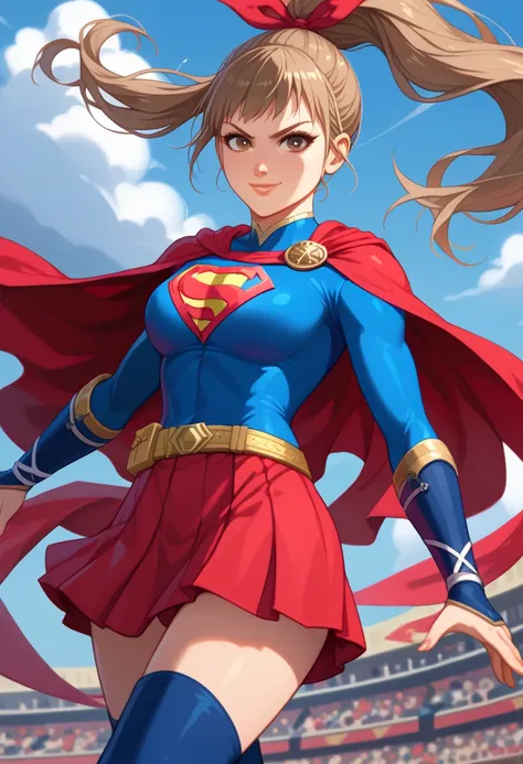 Kunoichi, the lively and nimble warrior, brings her energetic charm to the legendary Supergirl costume, blending her ninja roots with the unmistakable power of a superhero. Her brown hair is tied into a sleek high ponytail, swaying behind her as she moves....