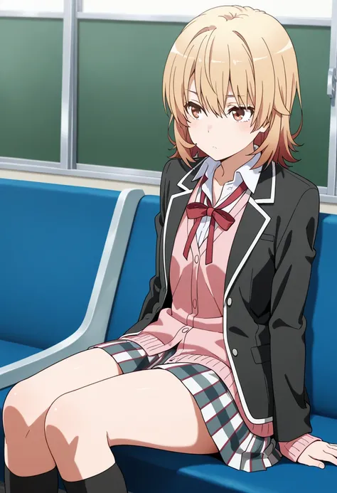 masterpiece, best quality, very aesthetic, iroha isshiki, short hair, blonde hair, brown eyes, skirt, shirt, ribbon, school uniform, jacket, white shirt, open clothes, socks, open jacket, black jacket, plaid, kneehighs, plaid skirt, blazer, cardigan, black...