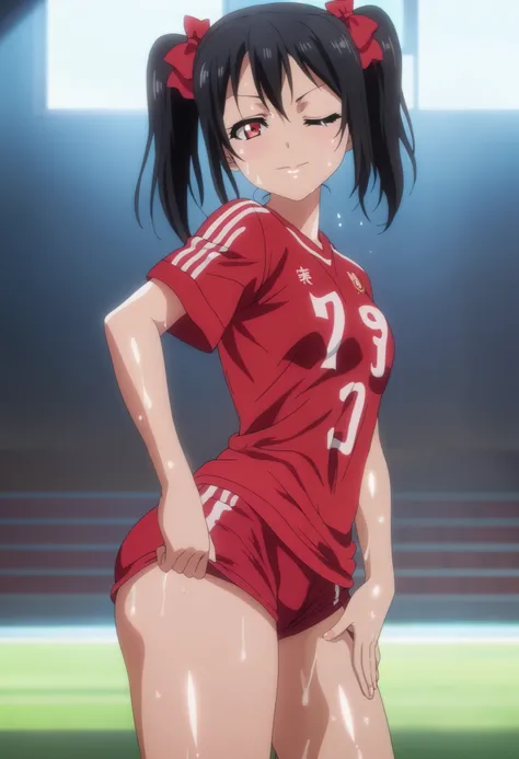 TRexStudio,source_anime, anime screencap,Shiny skin,dynamic lighting, detailed shading,moist skin, HENTAI , yazawa nico, black hair ,twintails,red eyes, looking at viewer,hair ribbons,sexy wink, football clothes,from side, big ass, football stadium,short s...