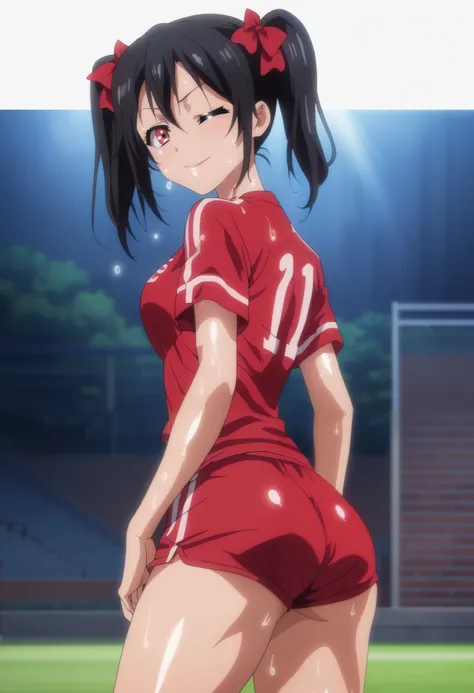 TRexStudio,source_anime, anime screencap,Shiny skin,dynamic lighting, detailed shading,moist skin, HENTAI , yazawa nico, black hair ,twintails,red eyes, looking at viewer,hair ribbons,sexy wink, football clothes,from side, big ass, football stadium,short s...