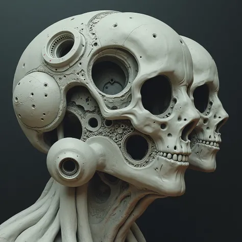 a mutant skull, lots of empty asymmetrical eye sockets, (Lee Bontecou style, sleek surfaces):1.5 , detailed organic biological textures, intricate mechanical components, dark sci-fi atmosphere, hole elements, cinematic composition, award winning art, 8k, h...