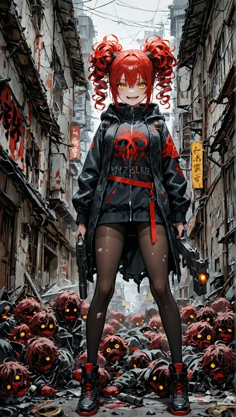 chica,Very messy curly red hair,Yellow eyes,urban costume,thigh-length tights ,Lunatic smile, holding a gun,in a destroyed Japanese city,Killing horde of zombies