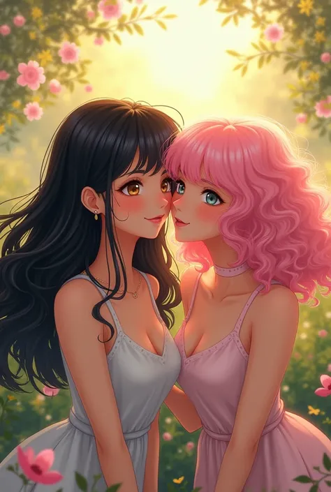 Two female friends: one girl has long, thick black hair, and the other has curly pink hair. 