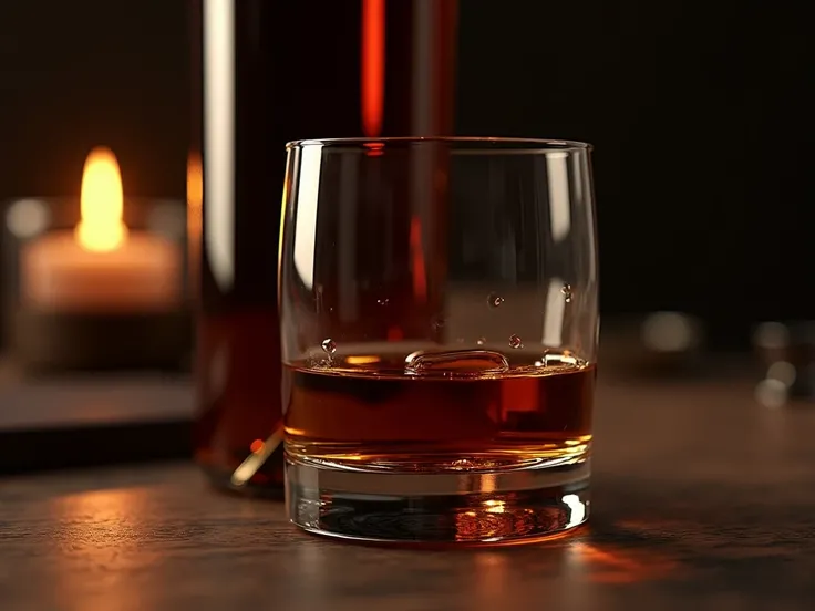 Create an image of a whiskey glass with whiskey against the bottom of a wine bottle