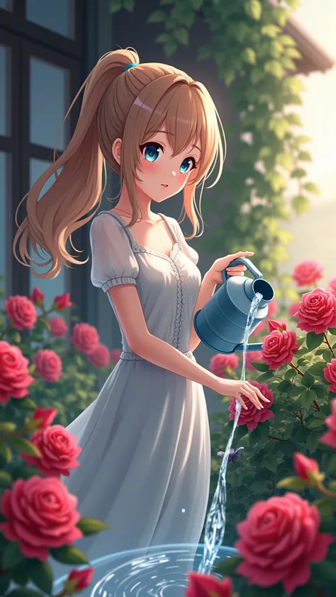  beautiful woman with light brown hair
Her eyes are dark blue
Her hair is in a ponytail. She is watering the roses on the balcony of her house.
And show the flowing water Anime style