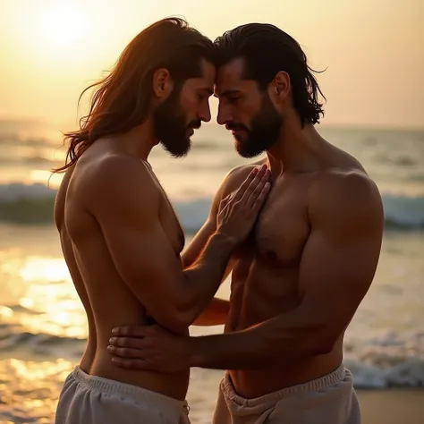  a beautiful woman with long hair and two handsome men with beards ,  the three of them the woman and the two men look at each other with great lust, her sensually shaped body , on top of a towel on the beach with the waves of the sea with orange-orange li...