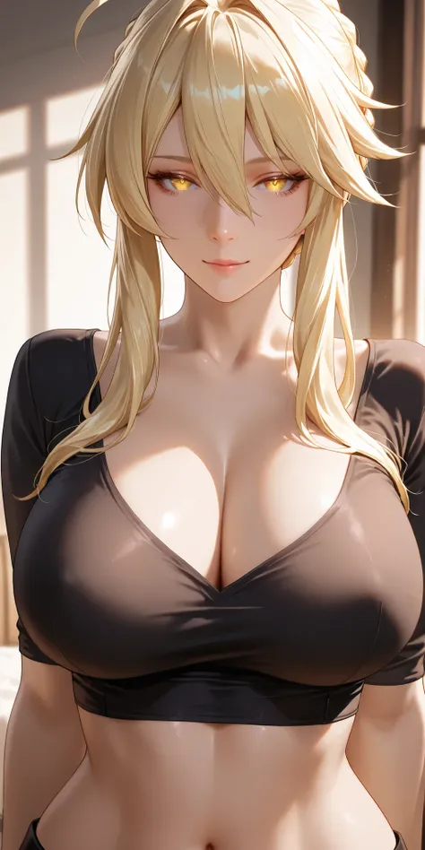 Masterpiece, very aesthetic, vibrant, high contrast, mature woman, artoria pendragon (lancer) (fate), upper body, crop top, seductive, best quality, home, semrealistic, honkai: star rail cg style