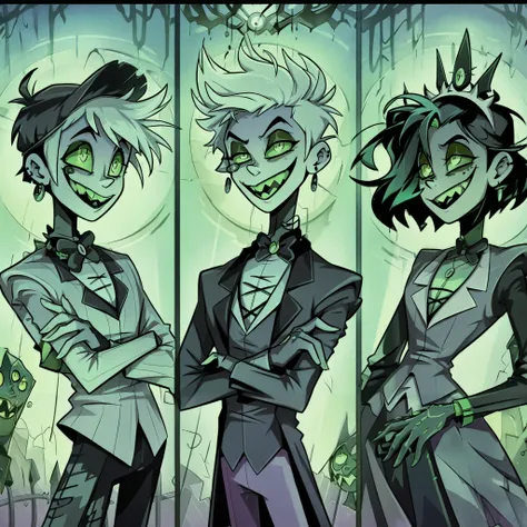  three different photos of a woman in a dress and a man in a suit,  three futuristic princes  , loish |, Danny phantom, gothic family, Green shines , Summoning friends , medicine, scary smiles, haunted green flowing souls ,  full art illustration , Loish A...