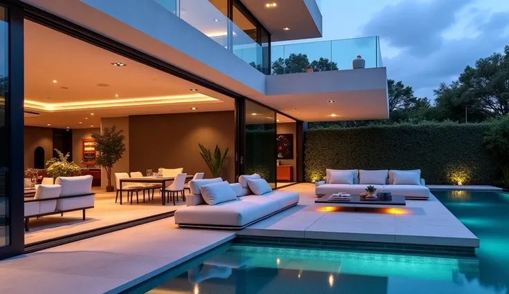 An ultra-modern outdoor lounge in a luxury villa, featuring a large sectional sofa with plush cushions, a sleek glass coffee table, and integrated LED lighting. Floor-to-ceiling glass walls connect the lounge seamlessly to the indoor living space. A state-...