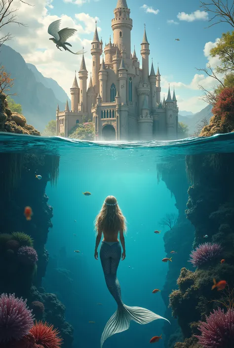 Put together two images: the sea with a mermaid below and the sun beating with surrounding corals and fish, and above sea level a princess in the highest window of a castle with a dragon protecting 