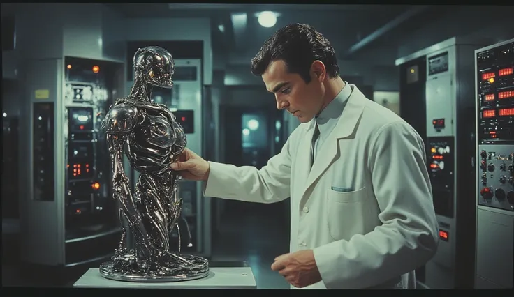 " A secret laboratory from the 1950s with large computers with flashing lights, where a scientist observes the metal arm of a damaged Terminator ."