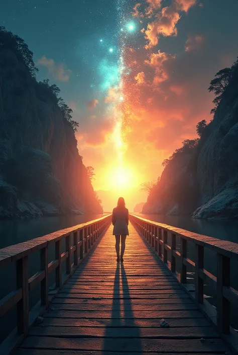 A bridge between two realities: on one side, a digital world filled with noise and confusion, on the other, a peaceful path leading toward a bright sunrise. A person stands at the crossroads, contemplating their next step. Symbolic art, cinematic lighting,...