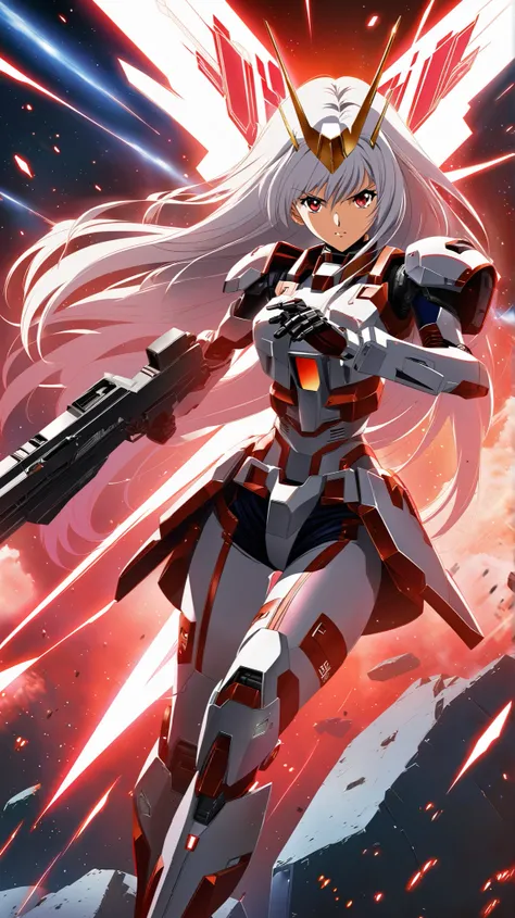 
“A highly detailed anime-style female warrior in the aesthetic of Mobile Suit Gundam Unicorn. She wears an advanced white mechanical exosuit with glowing red psycho-frame energy pulsing through the gaps in her armor. Her long white hair flows behind her, ...